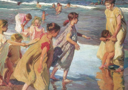 Kunstpostkarte: Sommer am Meer - Joaquin Sorolla Gemälde, Kinder spielen am Strand, Impressionismus & Natur