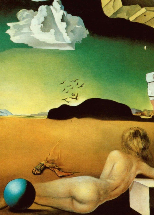 Kunstpostkarte Surrealismus - Salvador Dali Wüstenlandschaft, Berühmtes Ölgemälde, Surreale Kunstszene