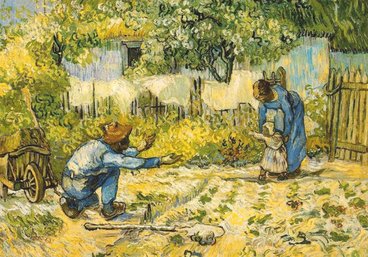 Kunstpostkarte Van Gogh Frühlingsgarten mit Familie und blühenden Bäumen hochwertige Postkarte für Kunstliebhaber