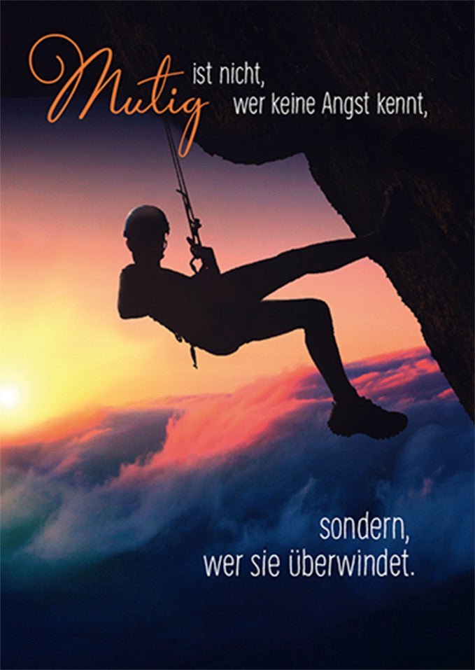 Lebensweisheit Postkarte – Mut & Abenteuer, Kletter - Silhouette bei Sonnenuntergang, Angst überwinden