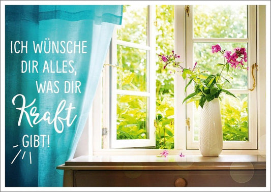 Lebensweisheiten - Postkarte: Fensterblick mit Blumenmotiv, inspirierende Wünsche, heller Farbdruck