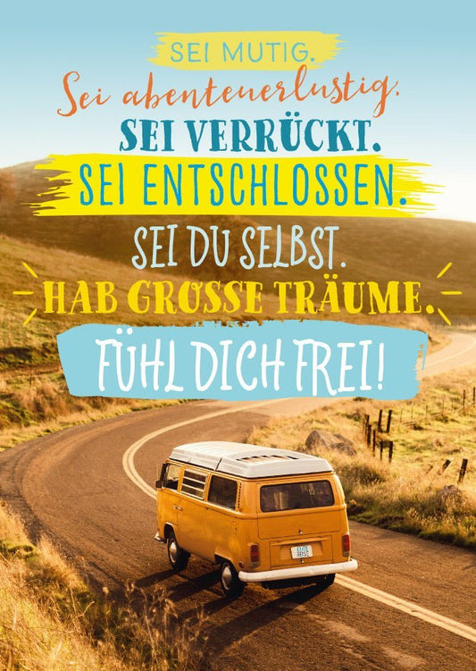 Lebensweisheiten - Postkarte - Gelber Bus bei Sonnenuntergang, Mut & Freiheit Spruch, Inspirierende Motivationsträume
