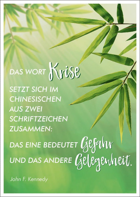 Lebensweisheiten - Postkarte: JFK Zitat & Chinesische Schriftzeichen, Grün mit Bambus - Design