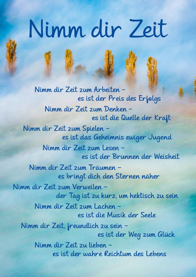Lebensweisheiten Postkarte Nimm dir Zeit mit inspirierendem Spruch Naturmotiv Bäume See Geschenk für Freunde Achtsamkeit Entschleunigung