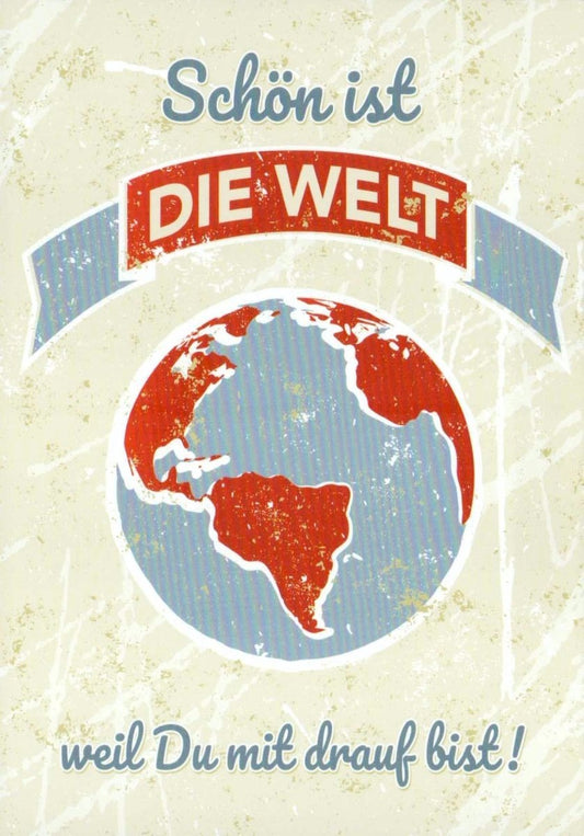 Liebesgruß Postkarte - Herzliche Botschaft im Retro Design, Geschenk für Freundschaft & Beziehung, Vintage Globus Flair in Rot - Blau - Weiß