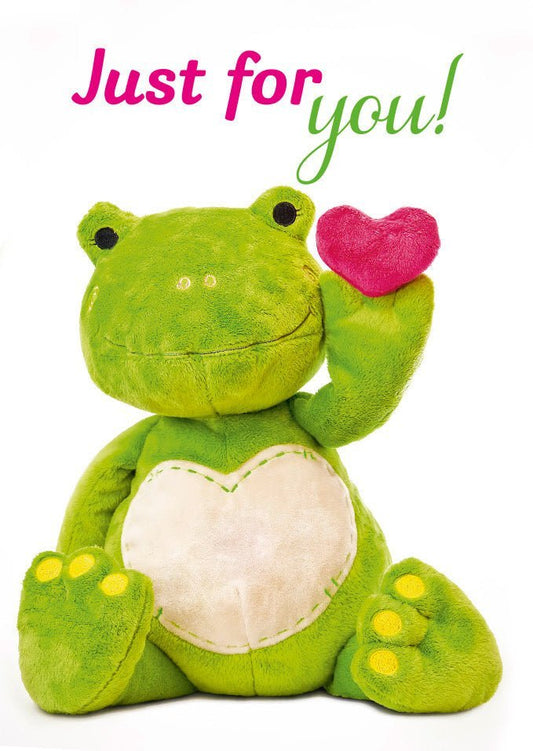 Liebeskarte - Herziger Plüschfrosch mit Herz "Just for You", Romantische Glückwunschkarte, Grün