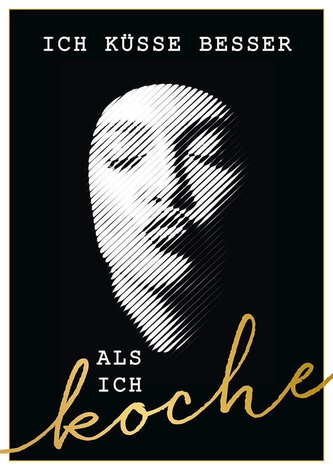 Liebeskarte mit Spruch Ich küsse besser als ich koche stilvolles Schwarz Weiß Design moderne Postkarte für Verliebte und Paare