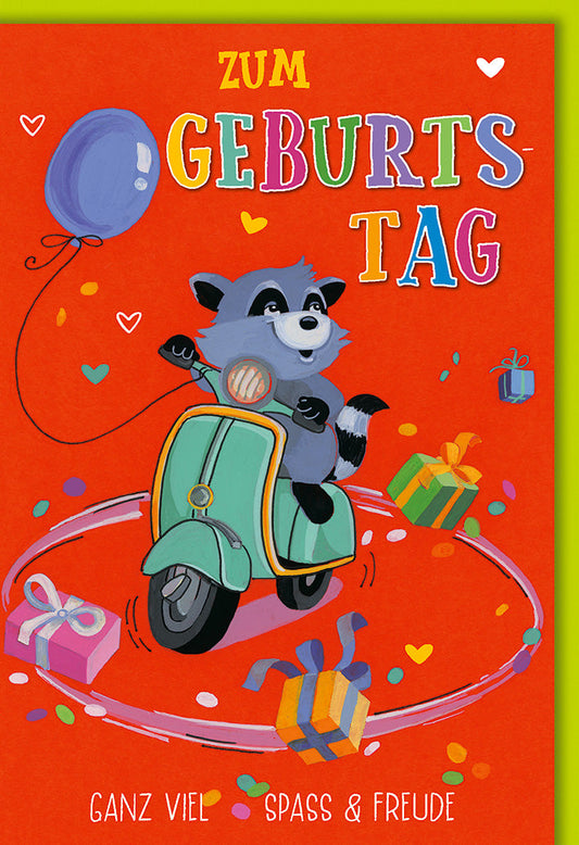 Geburtstagskarte Kinder – Fröhlicher Waschbär auf Roller mit Geschenken und Ballon
