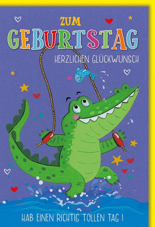 Geburtstagskarte Kinder – Fröhliches Krokodil mit Luftballons und bunten Herzen