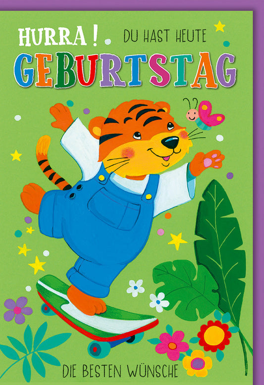 Geburtstagskarte Kinder – Fröhlicher Tiger auf Skateboard mit bunten Blumen und Schmetterling