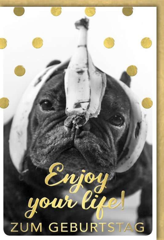 Lustige Geburtstagskarte mit Hund und Banane – Gold Konfetti Design für fröhliche Feiern