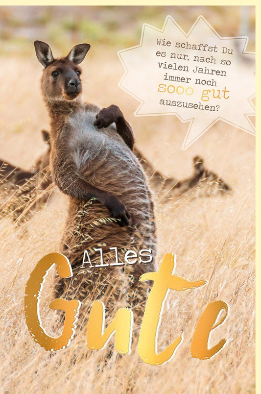 Lustige Geburtstagskarte mit Känguru in Goldfolie – Originelle Glückwünsche für Tierfreunde & Australien - Liebhaber