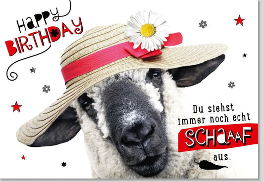 Lustige Geburtstagskarte mit Schaf & Sonnenblume - Humorvolle Tierkarte im Strohhut - Design für fröhliche Feiern & Partys