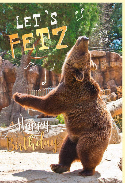 Lustige Geburtstagskarte mit Tanzendem Bären - Goldfolien - Design, Musikalischer Spaß für Erwachsene & Jugendliche, Braun & Gold