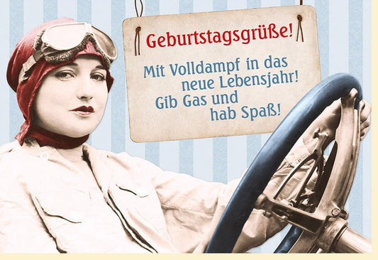 Lustige Geburtstagskarte: Retro - Pilotin im Flugzeug, Vintage Humor & Spruch "Volldampf ins neue Lebensjahr!" - Spaßige Gratulation