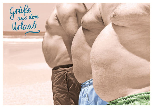 Lustige Postkarte für Männer - Strand & Bauch Motiv im Vintage Sepia Look, Sommerlicher Spaß & Humorvolle Sprüche zum Versenden