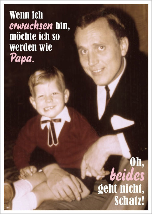 Lustige Postkarte für Papa - Vintage Humor über Erwachsenwerden, Sohn & Vater, Retro Sepia Fotografie