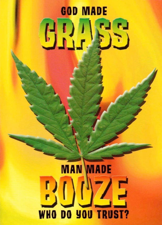 Lustige Postkarte: Humorvolle Grüße mit Alkohol & Cannabis, Satirischer Spruch in Gelb & Grün, Perfektes Geschenk für Spaßvögel