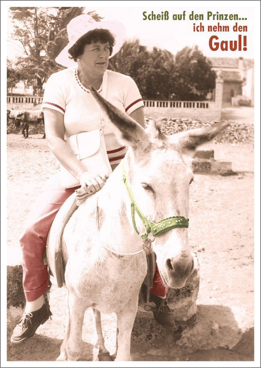 Lustige Postkarte: Lieber den Gaul als den Prinzen – ein humorvoller Gruß für jeden Anlass!