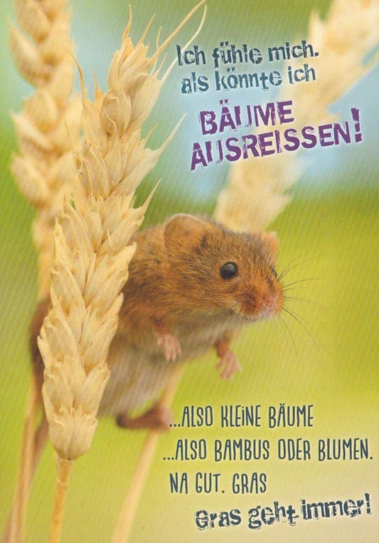 Lustige Postkarte – Maus im Weizenfeld mit Naturmotiv – Humorvolle Grüße in Grün – Tierische Freude für jeden Anlass