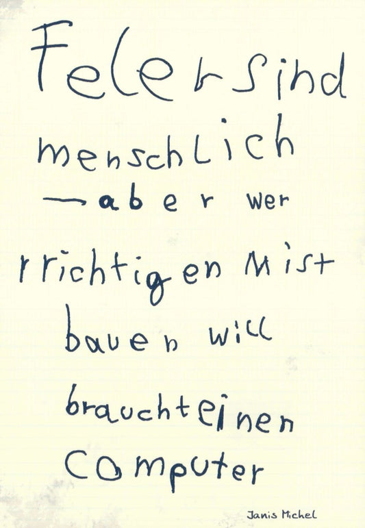 Lustige Postkarte: "Menschlich vs. Computer" - Humorvoller Spruch, Handgeschriebener Stil, Ironisch für Freunde & Büroarbeit