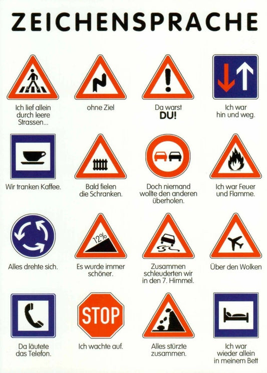 Lustige Postkarte mit Verkehrsschildern und Zeichensprache - Humorvolle Sprüche & Satire Straßenschilder Wortspiele