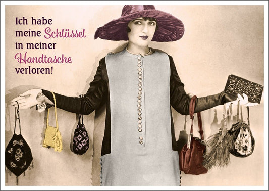 Lustige Postkarte - Retro Humor: Frau mit Hut & Handtasche, Schlüssel verloren Spruch