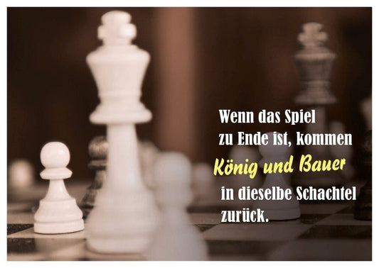 Lustige Postkarte: Schach - Motiv mit König & Bauer, Witziger Spruch im Schwarzweiß - Design