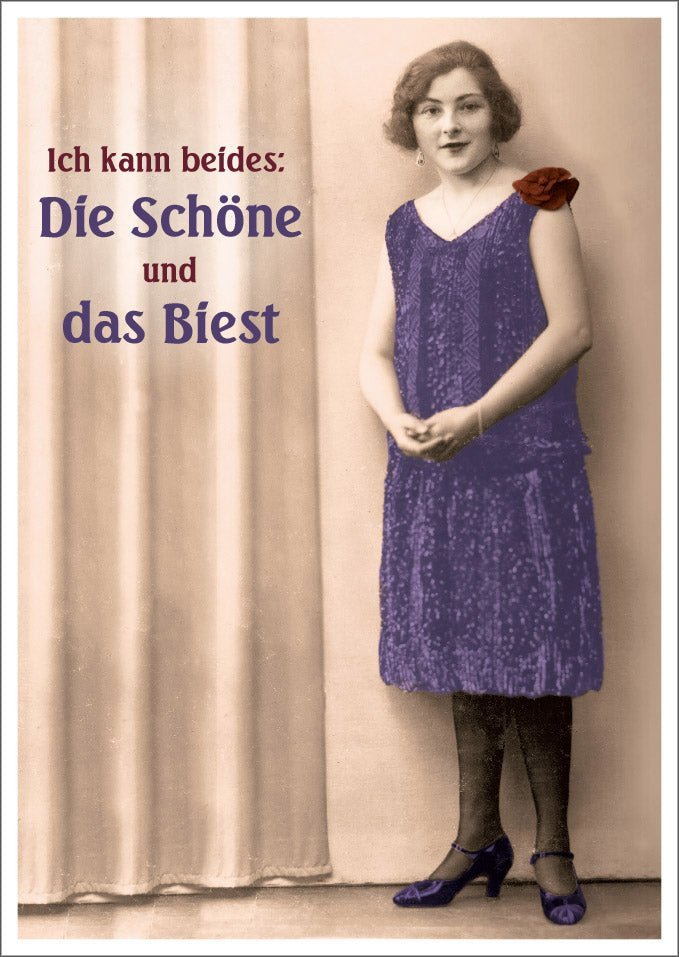 Lustige Postkarte - Vintage Satire "Von Schönheit & Biest", Retro Humor für Frauen, Witziges Geschenk