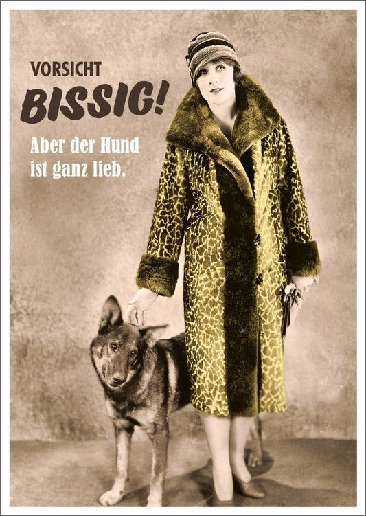 Lustige Postkarte: Vorsicht Bissig! Keine Sorge, der Hund ist harmlos. Perfekt für humorvolle Grüße und Schmunzler.