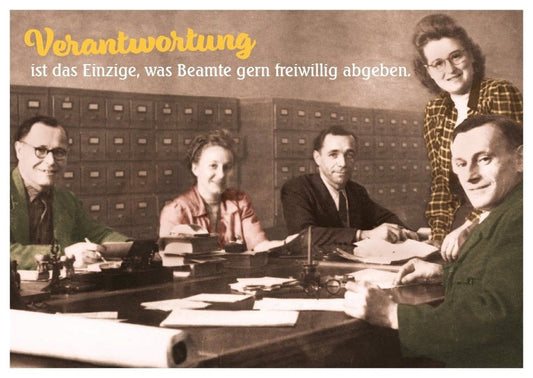 Lustige Postkarte zum Abschied - Vintage Bürohumor & Beamtenwitze in Sepia, Ironisches Geschenk für Kollegen