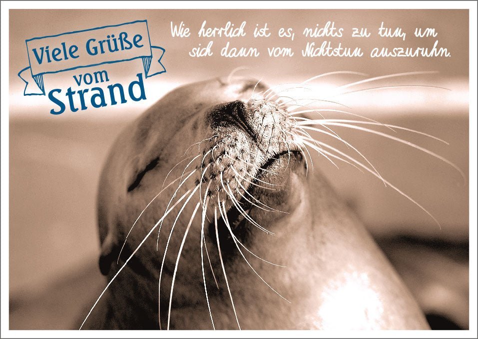 Lustige Postkarte zur Entspannung - Seehund am Strand in Sepia, Witzige Meerestier - Fotografie