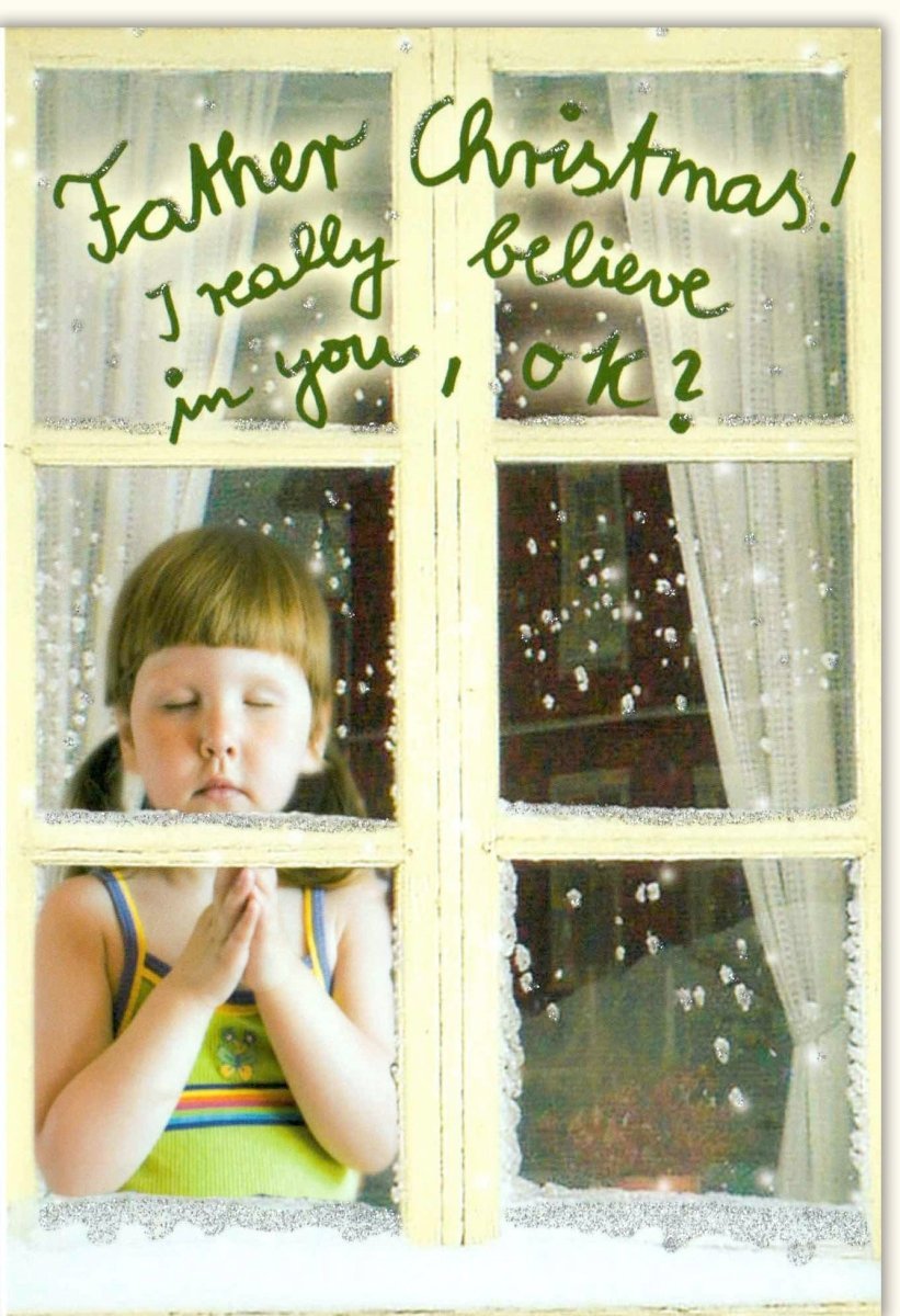 Lustige Weihnachtskarte - Humorvoller Weihnachtsmann, Kinder im Schnee, Glitzernde Wunschliste am Fenster