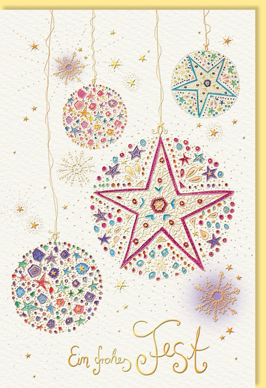 Luxuriöse Weihnachtskarte mit Goldfolie und Blindprägung, Festliche Grüße auf Naturkarton, Design Papeterie mit Weihnachtskugeln