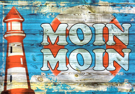 Maritime Sprüche - Postkarte: Leuchtturm Holzoptik, Norddeutschland Motiv "Moin" in Blau Rot Weiß – Perfekt als Deko oder Geschenk