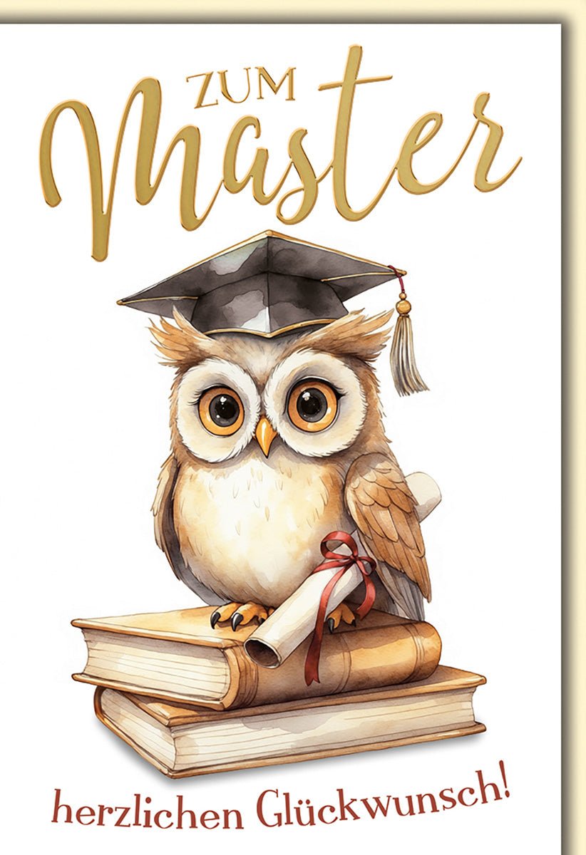 Masterabschluss Glückwunschkarte – Eule mit Doktorhut auf Büchern in Aquarellstil