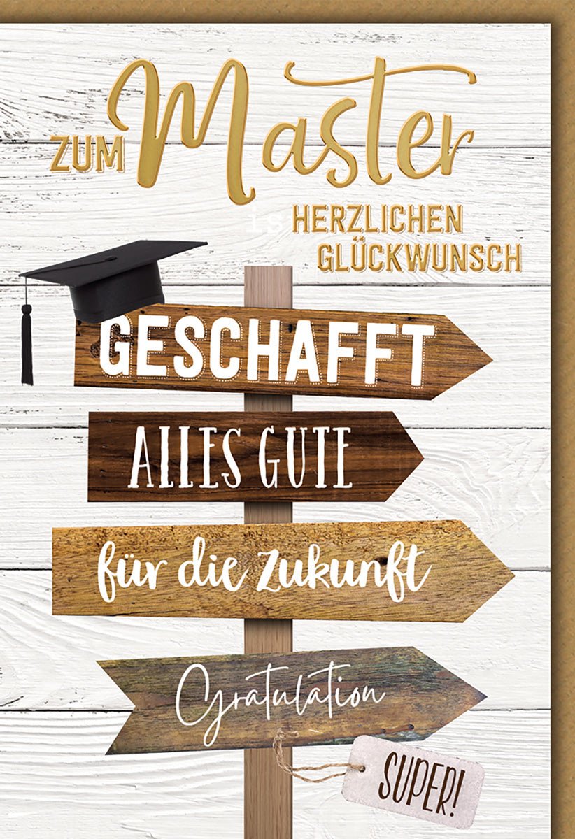 Masterabschluss Glückwunschkarte – Wegweiser mit Doktorhut und Holzoptik
