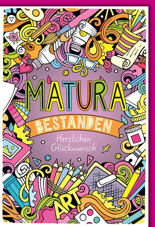 Maturakarte Bunt – Kreatives Kunstdesign mit fröhlichen Symbolen und Schriftzug