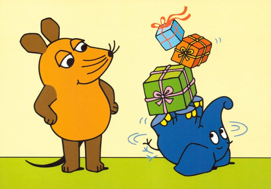 Maus - Postkarte Maus mit Elefant und Geschenken