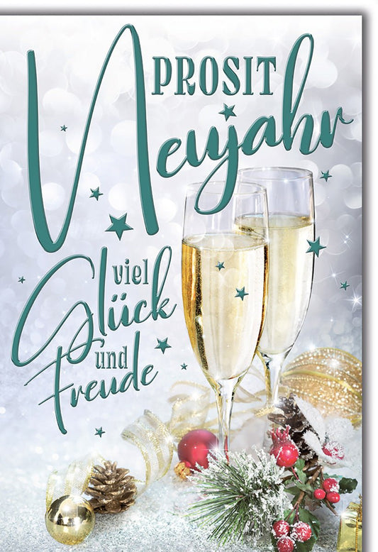 Neujahrskarte – Champagnergläser mit Tannenzweigen und festlichem Glanz