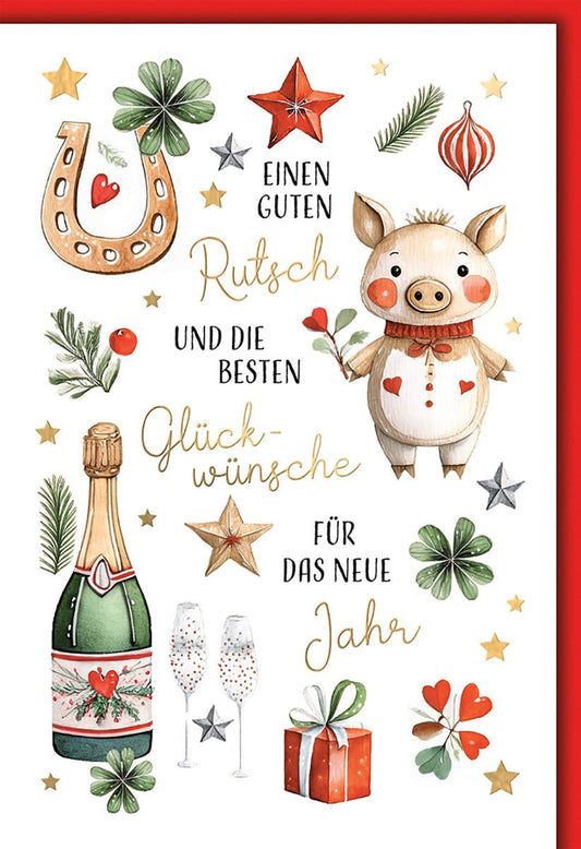 Neujahrskarte Glückwünsche – Glücksschwein mit Hufeisen und festlichem Champagner - Design