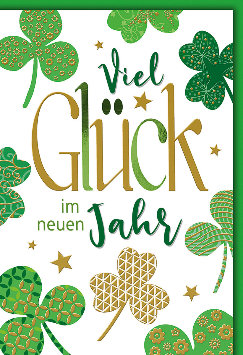 Neujahrskarte Viel Glück – Grüne Kleeblätter mit Goldakzenten und modernem Design