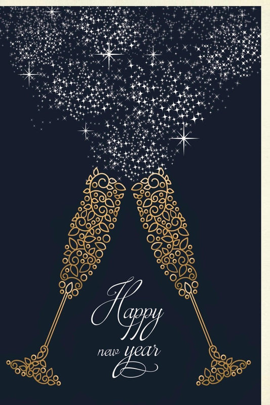 Neujahrskarte – Stilvolle Grüße mit Sektgläsern, Sternenhimmel & goldenen Akzenten für einen festlichen Jahresbeginn