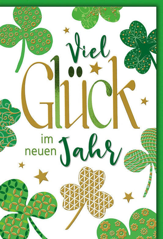 Neujahrskarte Viel Glück – Grüne Kleeblätter mit Goldakzenten und modernem Design