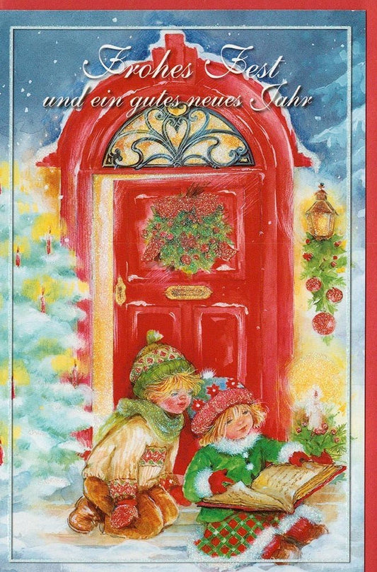 Nostalgische Weihnachtsgrusskarte mit Kindern am Türmotiv
