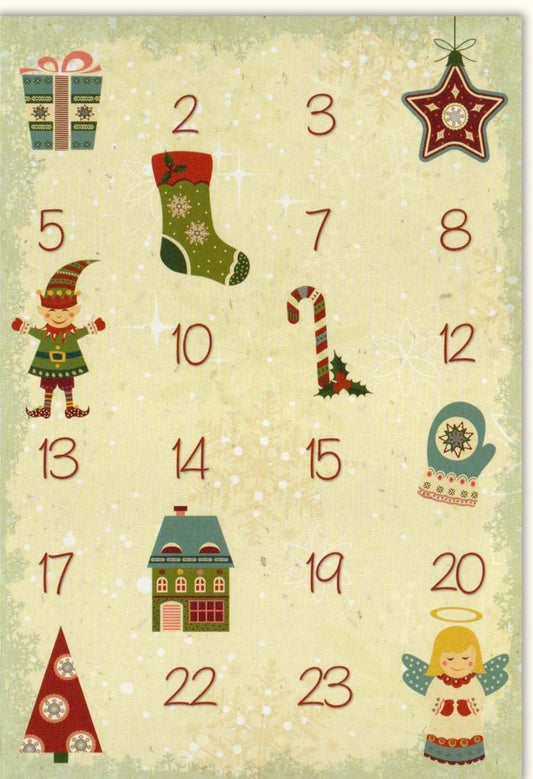 Nostalgische Weihnachtskarte & Adventskalender - Vintage Motive mit Strumpf, Tannenbaum & Engel für Retro Christmas Countdown
