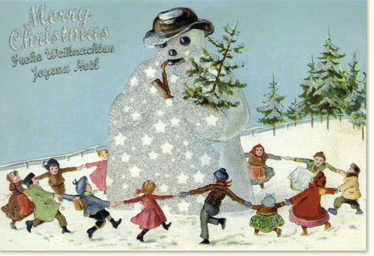 Nostalgische Weihnachtskarte: Kinder tanzen mit Schneemann, Vintage Winterlandschaft, Festliche Grüße