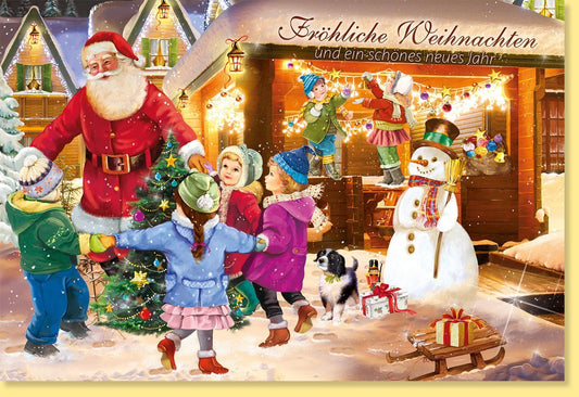 Nostalgische Weihnachtskarte – Kinder, Weihnachtsmann & Schneemann auf festlichem Markt im Schnee