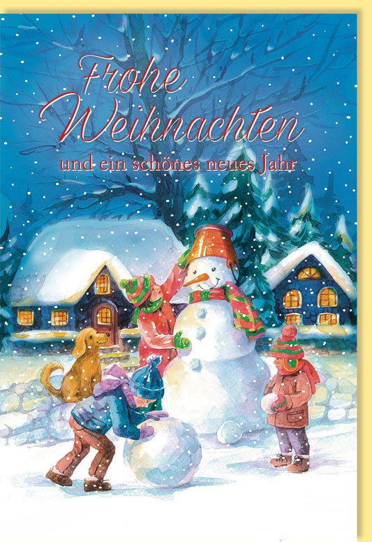 Nostalgische Weihnachtskarte mit Schneemann - Motiv – Vintage Winterlandschaft für Groß und Klein