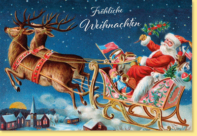 Nostalgische Weihnachtskarte: Rentierschlitten in Winterlandschaft, Retro-Design, Vintage Santa Claus Holiday Cards
